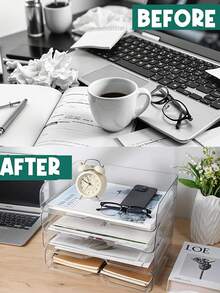 [ 收纳架 ] 2/4 件可堆叠透明亚克力文件托盘支架 - 多功能办公桌面收纳架和大容量展示架 - 便携式收纳柜 - 信件和文件架