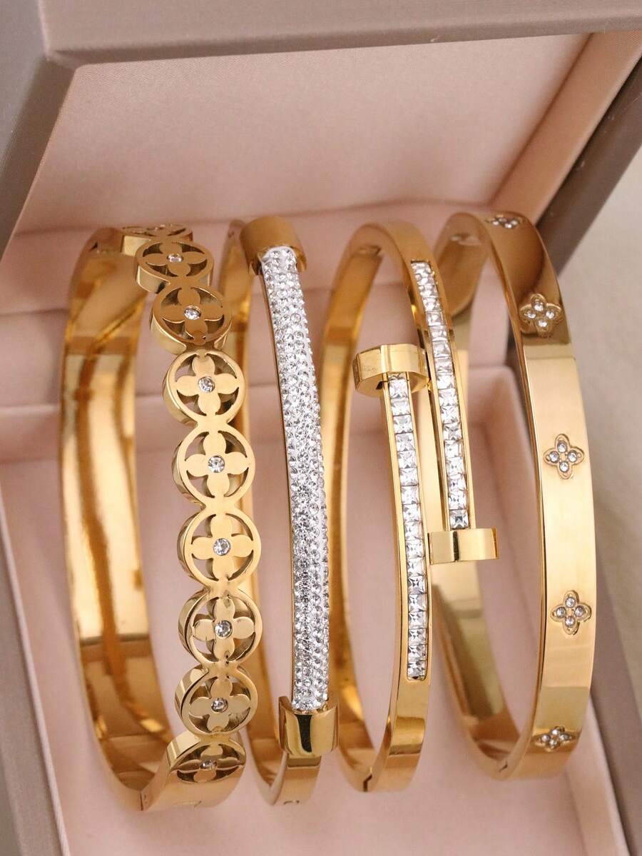 4 件/1 件 18K 镀金不锈钢可叠戴手镯，经典镂空罗马数字和心形设计，时尚欧美休闲、派对、节日风格腕饰，适合女士、生日、婚礼、挚友、情人节礼物 - 手鐲A - 查看 1