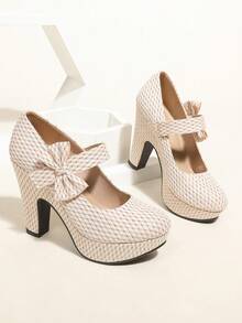 Giày cao gót nơ cho nữ, đế dày chống thấm nước, màu mơ, giày cưới, gót nhọn - Màu be - Xem 7