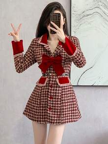 RUIWY 女士时尚优雅千鸟格蝴蝶结装饰红色连衣裙，收腰修身，适合节日、婚礼