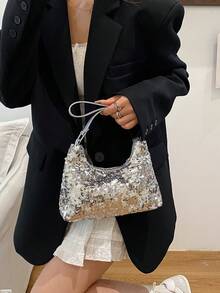 1pc Fashionable Sequin Silver Tote Bag, Casual Women's Shoulder Bag, Versatile White Backpack - Silver - View 12