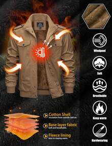 KEFITEVD Men's Fashion Retro Zipper Front Multi-Pocket Hooded Jacket Winter Padded Warm Fleece Lined Jacket Workwear Jacket - 卡其色 - 查看 3