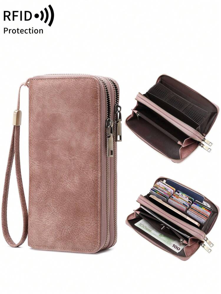 MIYIN Billetera vintage de gran capacidad con doble cremallera, bolso de mano elegante, monedero de muñeca con múltiples ranuras para tarjetas y soporte para teléfono, tarjetero minimalista de unicolor con bloqueo RFID, bolso tote multifuncional para mujer para fiestas, compras, viajes, etc., regalo de cumpleaños, regalo del Día de San Valentín - Multicolor - Añade 19