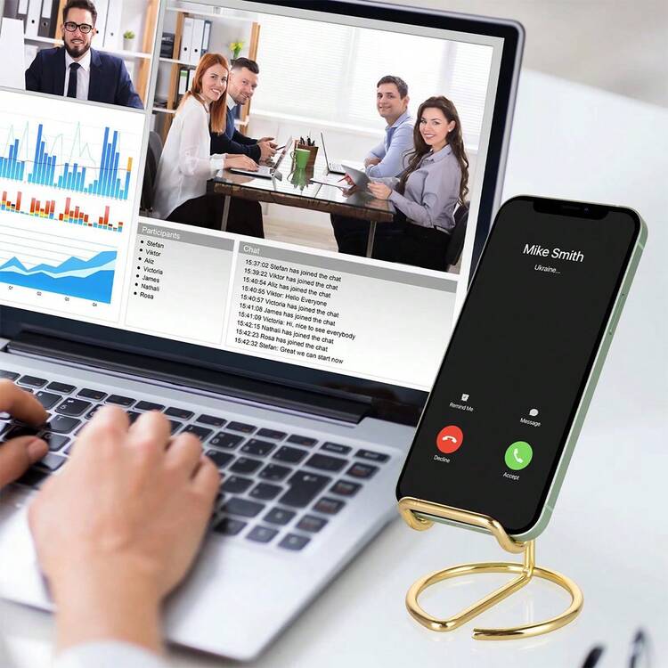 手机支架，桌面通用智能手机支架，时尚的线框设计，稳定的塑料/金属手机支架，可用于视频通话和阅读，金色和玫瑰金饰面，轻巧便携的设计，防刮垫保护，非常适合家庭、办公室、旅行，优质结构 - 彩色 - 查看 9