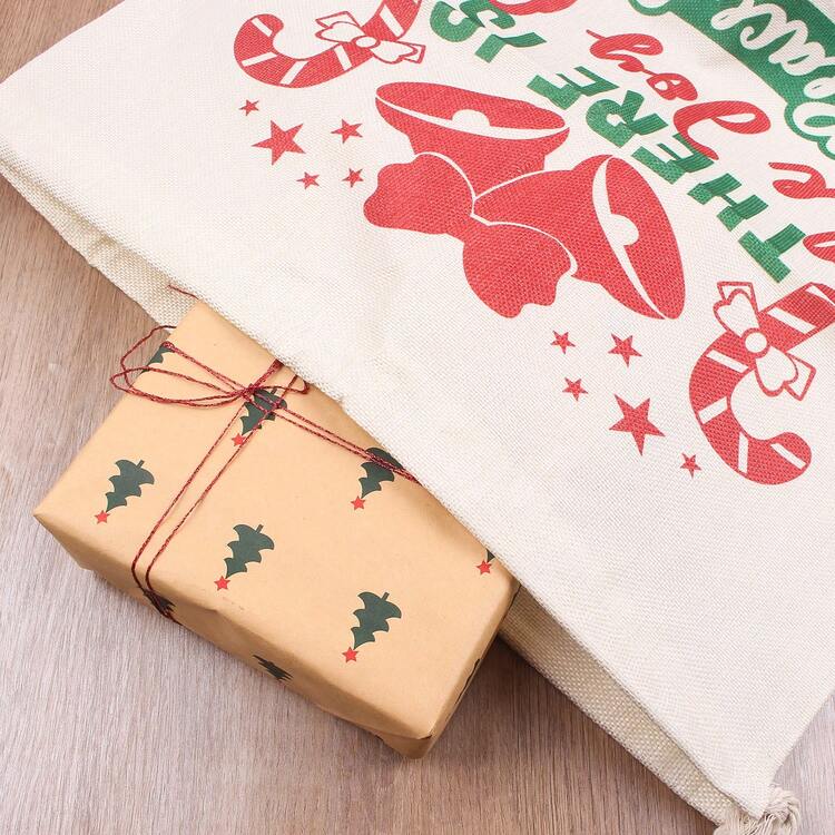 Large Christmas Colorful Print Linen-Like Drawstring Pouch, DIY Christmas Gift Packaging Candy Storage Bag, Essential Gift Item - Multicolor - View 8