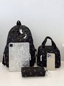三件套时尚学院风蝴蝶结印花背包套装，包含背包、午餐包和铅笔盒，带笔记本电脑隔层、可调节肩带、多口袋大容量，多功能日常背包套装，适合女孩/青少年/大学生/毕业生日常使用/度假/旅行/返校 - 黑色 - 查看 4