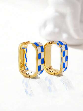 1 Pair Elegant Blue & White Checkerboard Square Hoop Earrings, Vintage Minimalist Design For Women