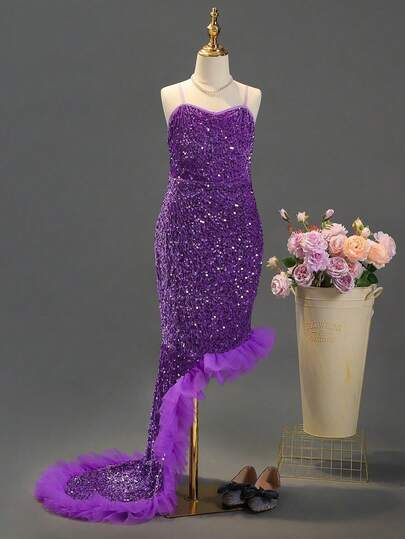 Girls' Sequin Strap Asymmetric Dress With Mesh Ruffle Hem, Suitable For Performance, Gala, Wedding, Birthday Party