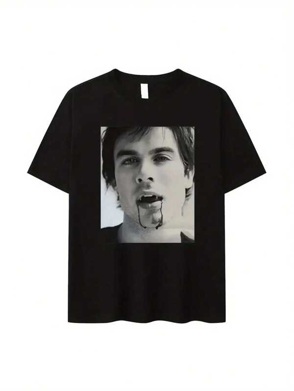Damon Salvatore  TV Show Inspired T-Shirt - Gothic Vampire Face Graphic With Damon Salvatore Portrait, Heavy-Duty Print, Oversized Unisex Fit (S-3XL), 100% Cotton Vampire Costume Or Casual Wardrobe Tee TVD Fans, Fan Merchandise, Street Style Shirt, Durable Print Shirt