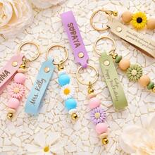 Personalized Keychain, Daisy Beaded Keychain, Faux Leather Keychain, Flower Girl Gift, Teacher Gift, Birthday Gift, Beaded Keychain, Personalized Keychain, Faux Leather Keychain, Personalized Gift, Mother's Day Gift, Teacher Gift, Birthday Gift, Laser Engraved Gift, Girl Gift, Friendship Gift, Engraved Keychain, Beaded Keychain, Daisy Keychain, Flower Girl Gift, Fashion Accessory, Autumn, Boyfriend, Girlfriend, Family, Friend - Multicolor - View 3