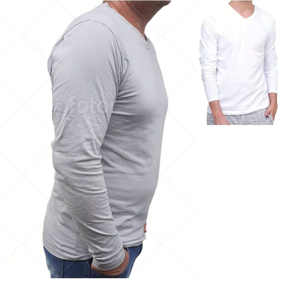 Kit 2 Men's Long Sleeve Shirts 100% Cotton - White and Gray - View 1