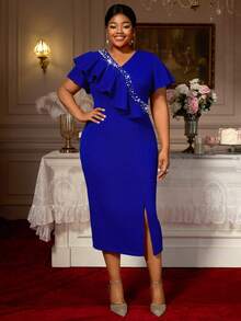 AOMEI Women Reinstone Asymmetrical Ruffled Dress V Neck Bodycon Plus Size Formal Dress - Màu xanh lam - Xem 2