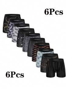 6pcs Random Men'S Comfortable Slim Shaping Underwear - Breathable, Elastic, Quick Drying, Elastic Waistband, Suitable For Spring Sports, Sports, And Casual Wear - Long Boxer Underwear - Soft, Lightweight, And Moisture Absorbing.  Casual    Striped  All Over Print    Mid Rise - 混合顏色 - 查看 1