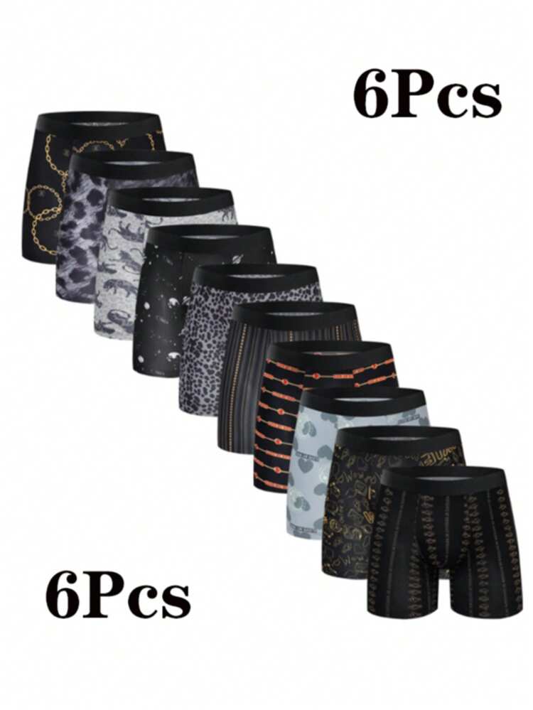 6pcs Random Men'S Comfortable Slim Shaping Underwear - Breathable, Elastic, Quick Drying, Elastic Waistband, Suitable For Spring Sports, Sports, And Casual Wear - Long Boxer Underwear - Soft, Lightweight, And Moisture Absorbing.  Casual    Striped  All Over Print    Mid Rise - 混合顏色 - 查看 1