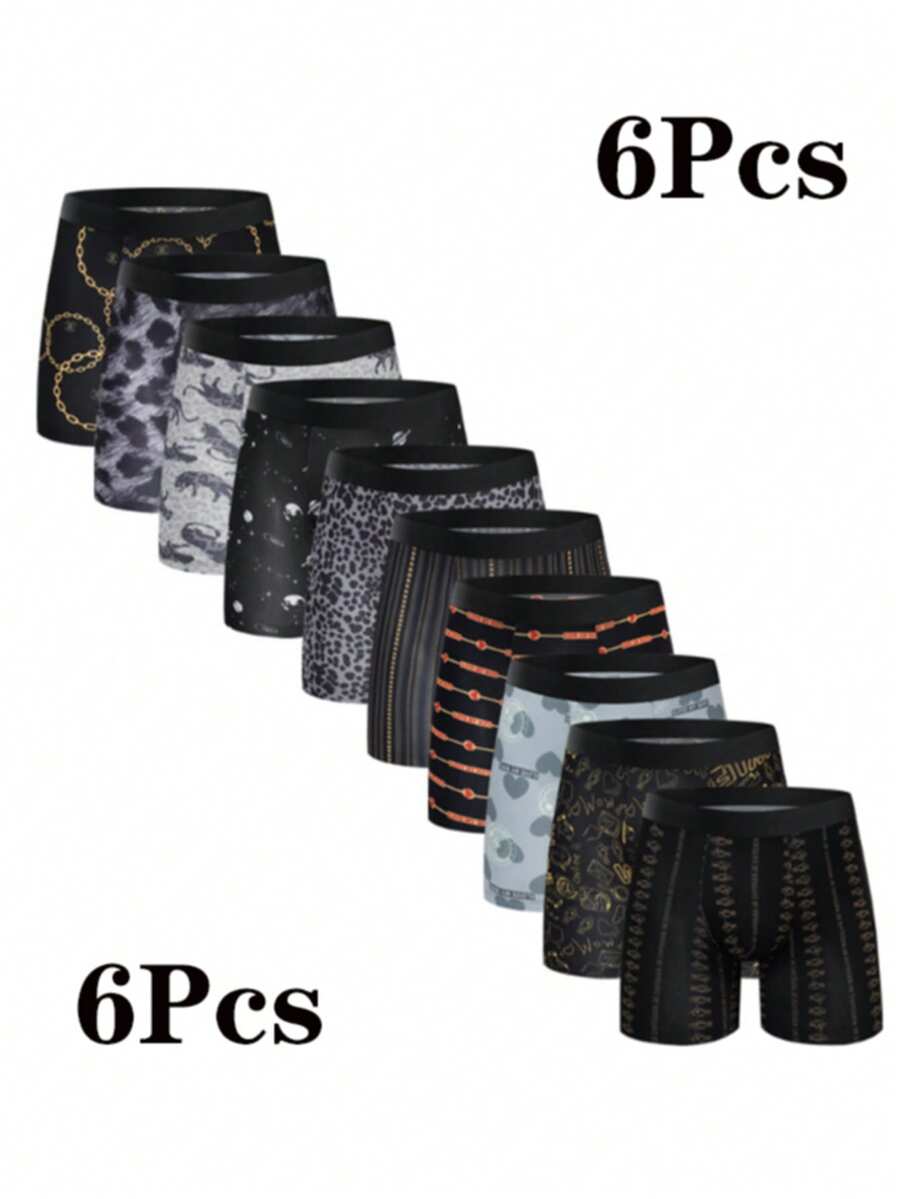 6pcs Random Men'S Comfortable Slim Shaping Underwear - Breathable, Elastic, Quick Drying, Elastic Waistband, Suitable For Spring Sports, Sports, And Casual Wear - Long Boxer Underwear - Soft, Lightweight, And Moisture Absorbing.  Casual    Striped  All Over Print    Mid Rise - 混合顏色 - 查看 1