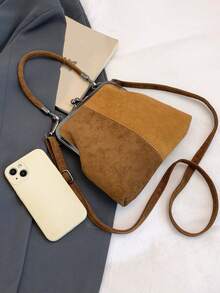 2025秋冬新款时尚复古绒面材质手提包，可拆卸女士单肩包，带纽扣开合钱包。简约棕色斜挎包 - 彩色 - 查看 6