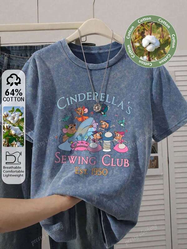 Disney Women's New Round Neck Short Sleeved Plus Size Summer, Casual Style Printed Plus Size Round Neck T-Shirt, Sweet And Gentle Temperament, Slim And Comfortable Summer Tops, Suitable For Daily Casual Wear, Graphic Tees Women, Summer For Women