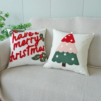 1pc Christmas Letter & Tree Embroidered Pillow Cover, Ins Style Christmas Embroidery Throw Pillow Case For Living Room Sofa Bedroom