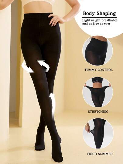 1 قطعة سروال ضيق نسائي ذو خصر عالي شبه شفاف، سروال ضيق نسائي للتحكم في البطن، لون أسود/بيج، سروال ضيق متعدد الاستخدامات | سروال ضيق ذو خصر عالي