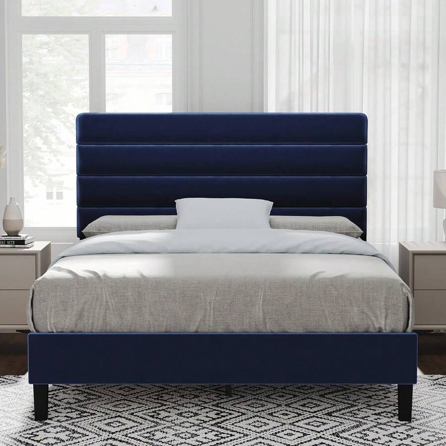 Bed Frame With Headboard, Velvet Upholstered Platform Bed Frame, Modern Bed Frame With Horizontal Channel Design, Strong Wooden Slats Support, No Box Spring Needed, Noise-Free, Easy Assembly, White/ Black/ Pink/ Blue/ Green, Twin/ Full/ Queen Size * Bed Frame Queen Queen Bed Frame Bed Frame Full Full Size Bed Frame King Size Bed Frame Twin Bed Frame Room Decor Home Decor Christmas Decor Bedroom Decor Valentine Day Decor Storage Living Room Decor Furniture House Decor - 藍色 - 查看 1