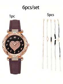 6 bucăți ceasuri rotunde cu cuarț - curea elegantă din piele PU, indicator din aliaj de zinc, cadran din aliaj de zinc și brățară bijuterii pentru femei