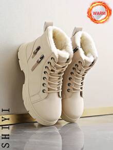 2025冬季女式雪地靴，毛绒内衬，加厚保暖，增高设计，时尚百搭，学生休闲短靴 - 卡其色 - 查看 5