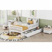 Twin Size Wood Kids Platform Bed With Guardrails On Both Sides And Two Storage Drawers ,White - 白色 - 查看 4