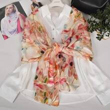100% Mulberry Silk Scarf For Women Lightweight Long Scarves Beach Wraps Cover Up -Travel Photography Scarfhalloween - Beige Pink Floral - 查看 5