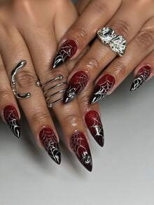 VV MEI JIA ER 24 móng tay giả hình hạnh nhân chủ đề Halloween, dụng cụ làm móng nghệ thuật kinh dị, các mẫu Halloween (Ma, Phù thủy, Ma cà rồng, Máu, Mạng nhện) + 1 lọ gel dẻo + 1 dũa móng - Đỏ - Xem 1