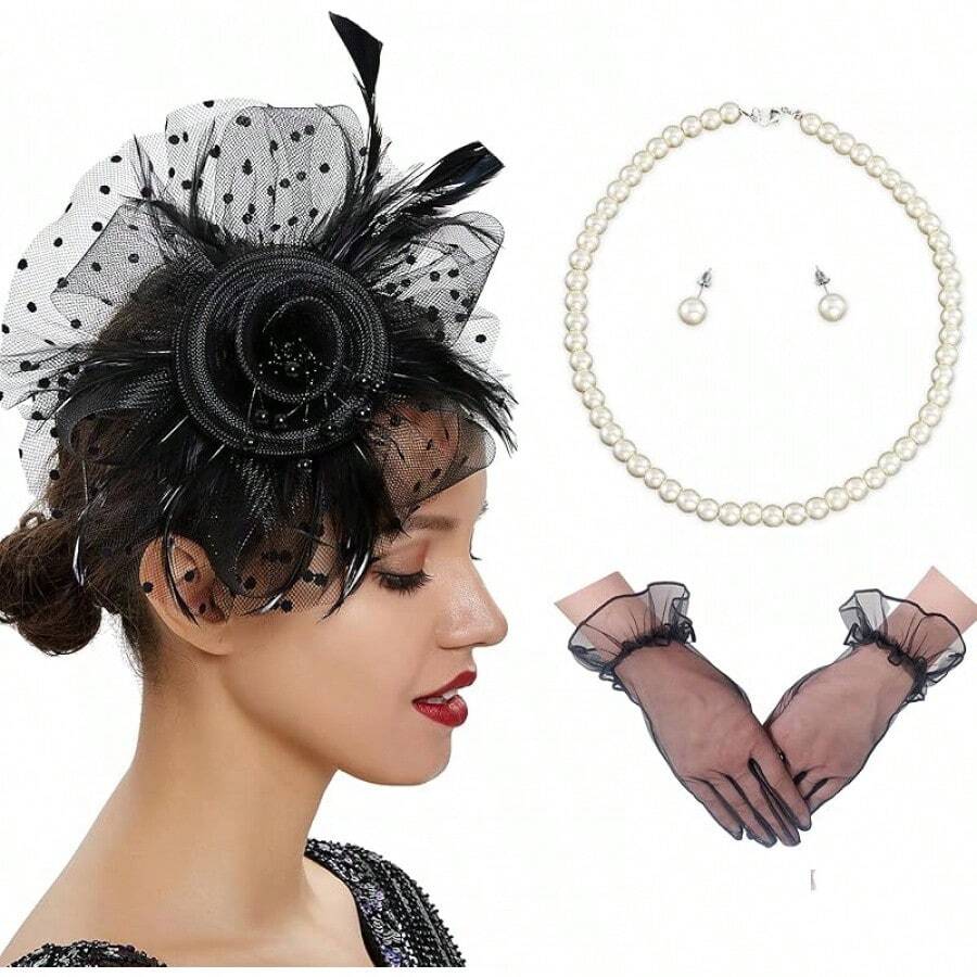 Ibeauti Fascinator Hats With Screentouch Lace Gloves Set Women Tea Party Cocktail Wedding Derby Headwear Short Gloves - 02 Black - 查看 1