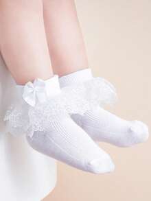 1 Pasang Kaos Kaki Pendek Tari Gaya Putri dengan Hiasan Pita Renda untuk Anak Perempuan/Balita, Musim Semi/Panas - Putih - View 2