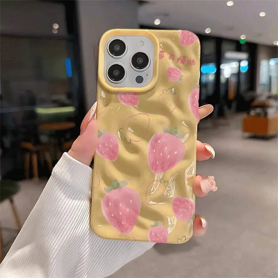 Teléfono Un elegante teléfono con un diseño de fresa cremosa y un patrón de meteorito, compatible con los modelos 11 al 16 Plus, Pro y Pro. Cuenta con una calidad elegante y premium, lo que lo convierte en una opción atractiva. - Colores mixtos 2 - Ver 1