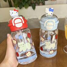 Sanrio 1pc Sanrio Kitty 500MLwater Bottle Double Drinking Plastic Cup With Straw, Portable And Easy To Use For Female Students, Small And Cute Water Cup