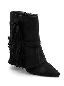 Giày bốt cổ thấp mũi nhọn, gót thấp, chất liệu da lộn, có tua rua - Phong cách miền Tây hiện đại dành cho nữ. - màu đen - Xem 2