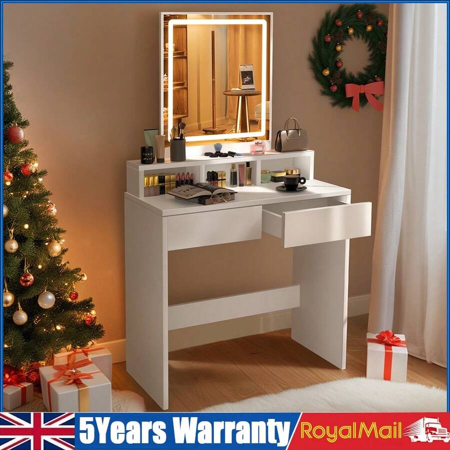 OYAJIA White Modern LED Vanity Table With LED Dimmable Mirror | Large Rectangular Mirror Dressing Table With Soft Lighting, 2 Spacious Drawers & 3 Open Compartments | UK Home Decor, Makeup Organizer, Bedroom Furniture - White - View 1