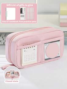 1个极简火山造型扁平180度旋转笔袋，透明大容量文具收纳盒，拉链多层分类收纳桌面立式文具袋，适合收纳铅笔、橡皮、笔记本、胶带、尺子等各种文具。适用于学校/办公室/男女生/上班族/返校礼物。附赠一本A7笔记本和五支笔。返校季，学习用品，笔袋，铅笔盒，书包