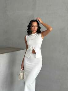 WOMEN'S WHITE OTTOBAN FABRIC SLIT SKIRT - BUTTONED BLOUSE SET, TOP AND BOTTOM Two Pieces SET - White - View 3