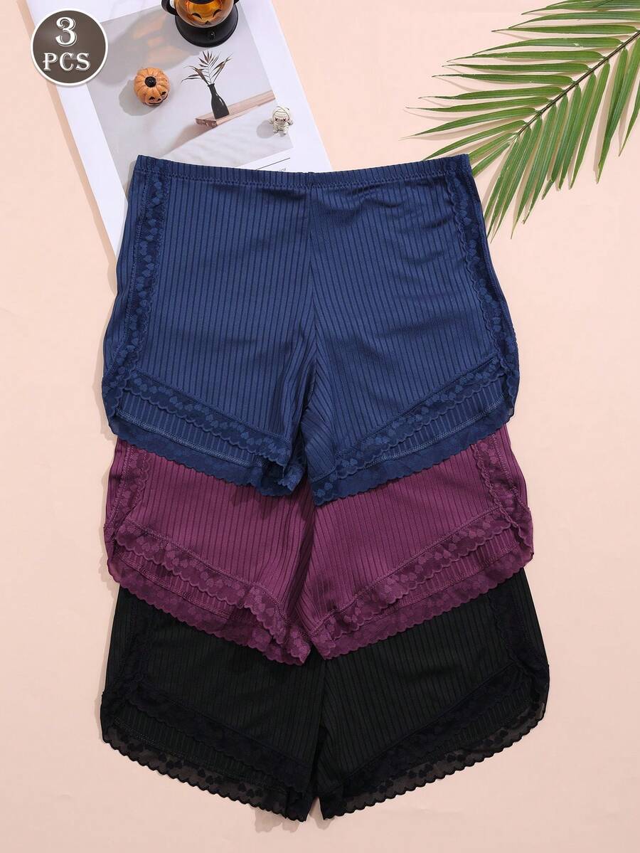 3pcs Women's Ribbed Lace Patchwork Comfortable Hipster Panties - Multicolor - View 1