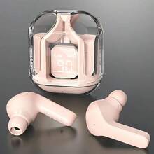 Auriculares inalámbricos TWS cabina espacial - sonido cristalino, diseño transparente con pantalla digital LED, espera ultra larga, control de volumen táctil, micrófono de condensador y batería de polímero de litio recargable para música y llamadas con manos libres, conectividad inalámbrica de moda transparente, compatible universalmente con todos los teléfonos inteligentes, disfruta de un sonido nítido y distinto con estilo - Rosa - Ver 1