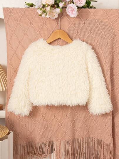 Girls' Casual Solid Color Round Neck Long Sleeve Fuzzy Warm Jacket Coat Outerwear, Autumn/Winter