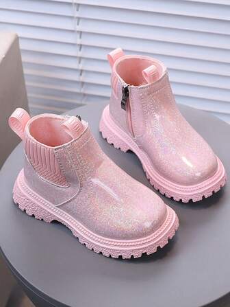 1 Pair Girls' Shiny Round Toe Side Zipper Boots, Fashion Flat Non-Slip Children Boots