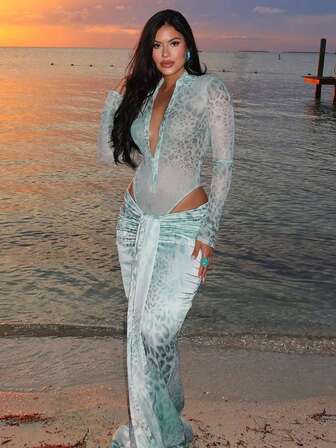 深V领露脐紧身豹纹性感超长连衣裙套装