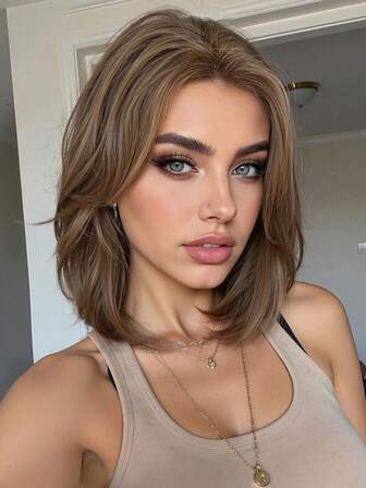 12-Inch Flax-Brown Naturally Curved Short Bob Wig, Elegant Lady Wig, Heat-Resistant Synthetic Wig, Cosplay, Holiday Daily Fashion Style, Suitable Wig, Halloween And Christmas Gift