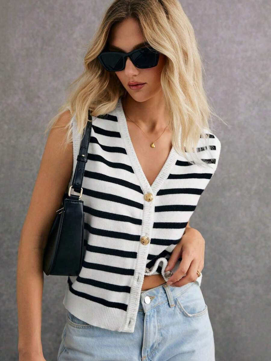 Cárdigan informal a rayas para mujer, diseño de escote en V sin mangas, rayas blancas y negras en colores contrastantes, combinado con botones exquisitos, el estilo general es simple y elegante. - Blanco - Ver 1