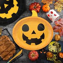Halloween Kürbis Pappteller für Tischpartys und Feiern, 26cm/10,3 Zoll Einweg Kürbis-förmige orange/schwarze dekorative Geschirr Dessert- und Dinnerplatten für Familienfeiern, Geburtstagsfeste, Hochzeiten, Picknicks, BBQ