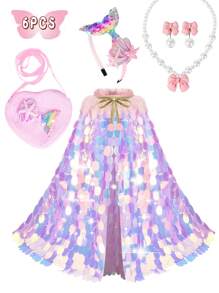 6Large Sequin Cape, Fish Tail Hair Accessory, Fish Tail Bag, Heart Bag, Faux Pearl Necklace, Bowknot Pendant, Mermaid Suit, Very Suitable Sending A Princess Gift Set To A Good Friend, Very Suitable For Dressing Up, Vacation, Daily Collocation, Easter, Halloween, Birthday Party, Christmas Gift, Party, Thanksgiving, Dress.
