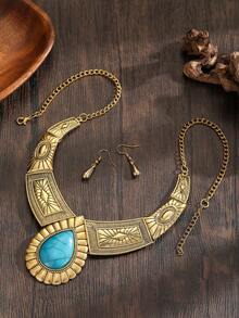 طقم قلادة معدنية أوروبية وأمريكية مبالغ فيها بتصميم الأزهار الزرقاء الفيروزية الشكل الدمعي الفينتاج