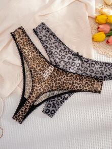 5pcs Women's Plus Size Solid Color, Leopard, Strawberry, Heart, Bow Comfortable Thong Panties - Multicolor - View 6