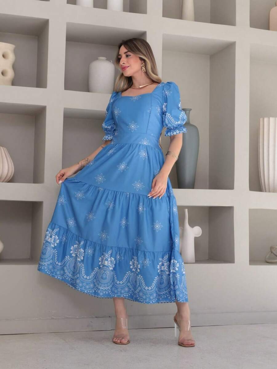 Vitoria Midi Dress With Crepe Print, Stretch On The Back, Short Sleeves - Màu xanh nhạt - Xem 1