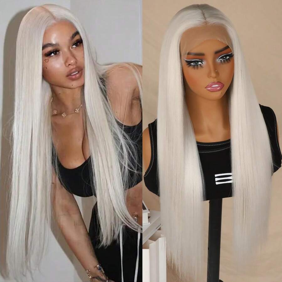 26 Inches Long Silky Straight White Color Synthetic Lace Front Wigs 13x4 Lace Area Free Part Pre Plucked With Baby Hair Around Natural Hairline Glueless Heat Resistant Fiber Frontal Lace Wig For Fashion Women Girls Party Vacation Show Makeup Use Daily Wear - Trong sáng - Xem 1